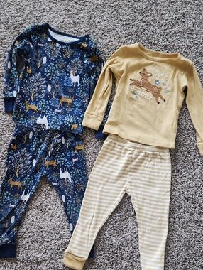 Kids Two-Piece Pajama Sets - Navy Deer Print & Mustard Stripe